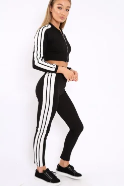 Rebellious Fashion Black Zip Front Tracksuit with White Side Stripes - Kitty