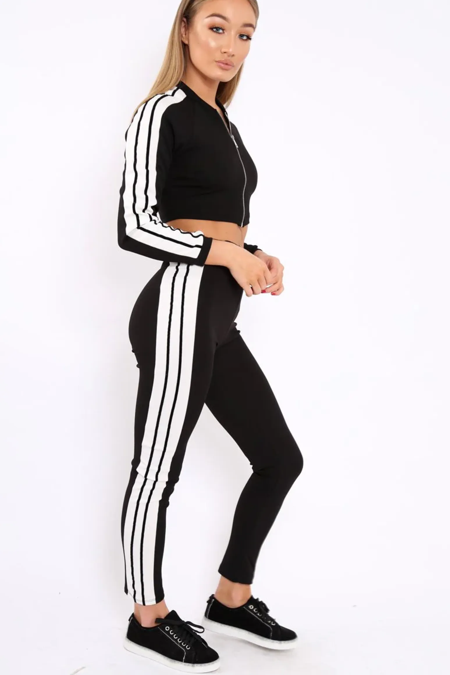 Rebellious Fashion Black Zip Front Tracksuit with White Side Stripes - Kitty