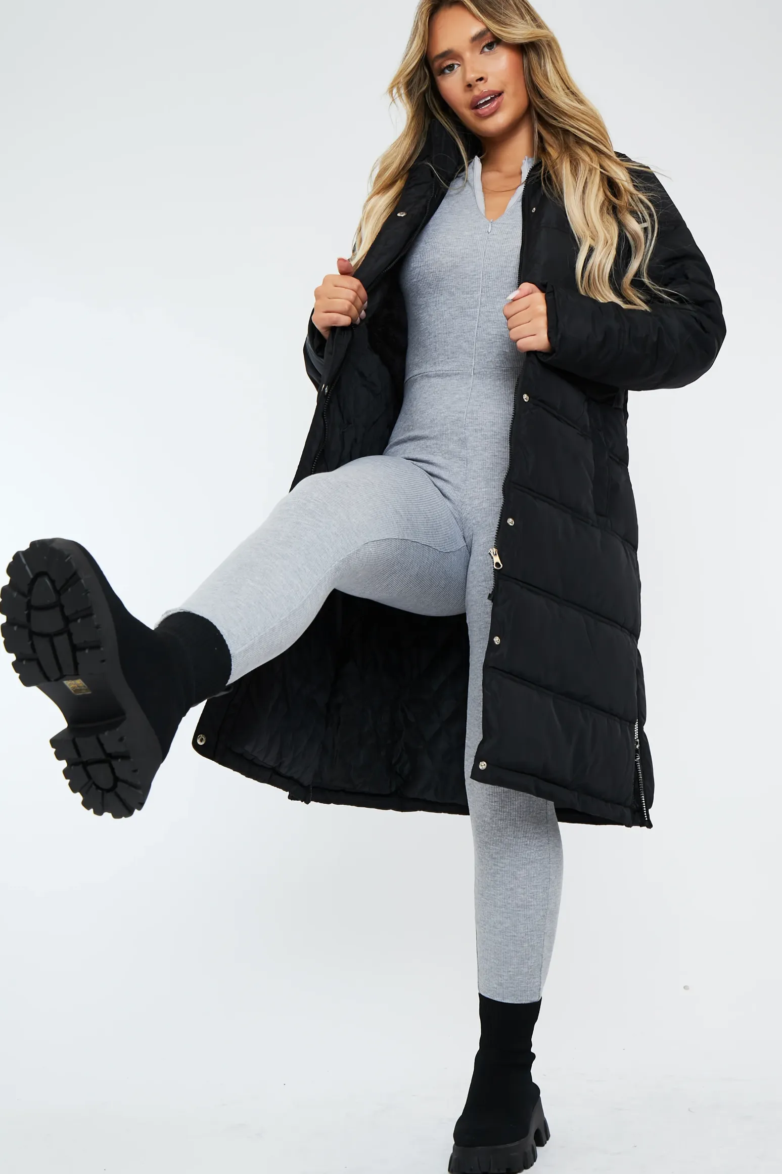 Rebellious Fashion Black Zip Hem Longline Puffer Coat - Vonnie