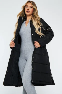 Rebellious Fashion Black Zip Hem Longline Puffer Coat - Vonnie