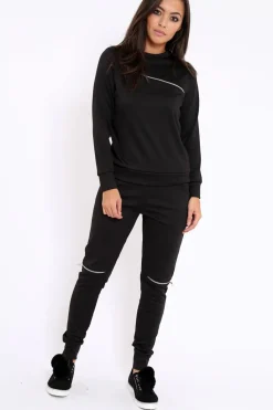 Rebellious Fashion Black Zip Loungewear Set - Kelly