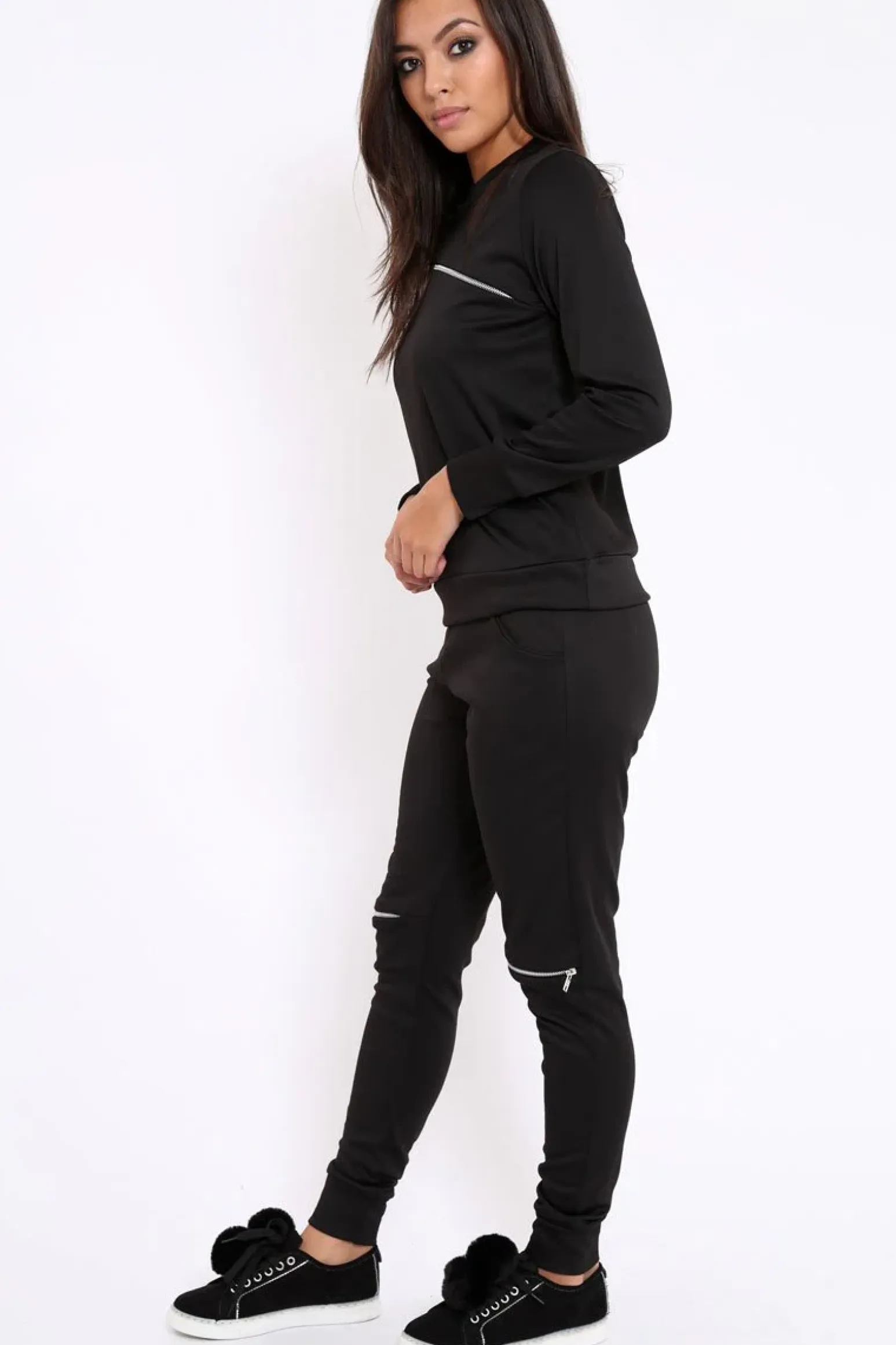 Rebellious Fashion Black Zip Loungewear Set - Kelly