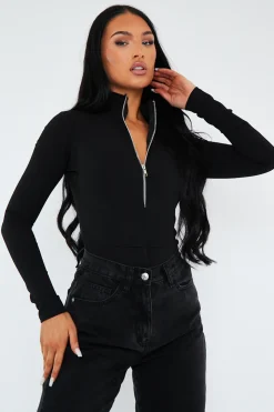 Rebellious Fashion Black Zip Up Front Bodysuit - Graylyn