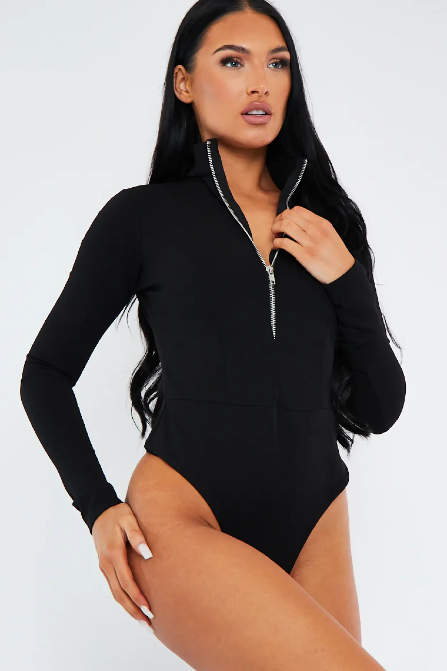 Rebellious Fashion Black Zip Up Front Bodysuit - Graylyn