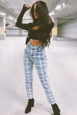 Rebellious Fashion Bleach Wash Denim Check Print Mom Jeans - Jorja