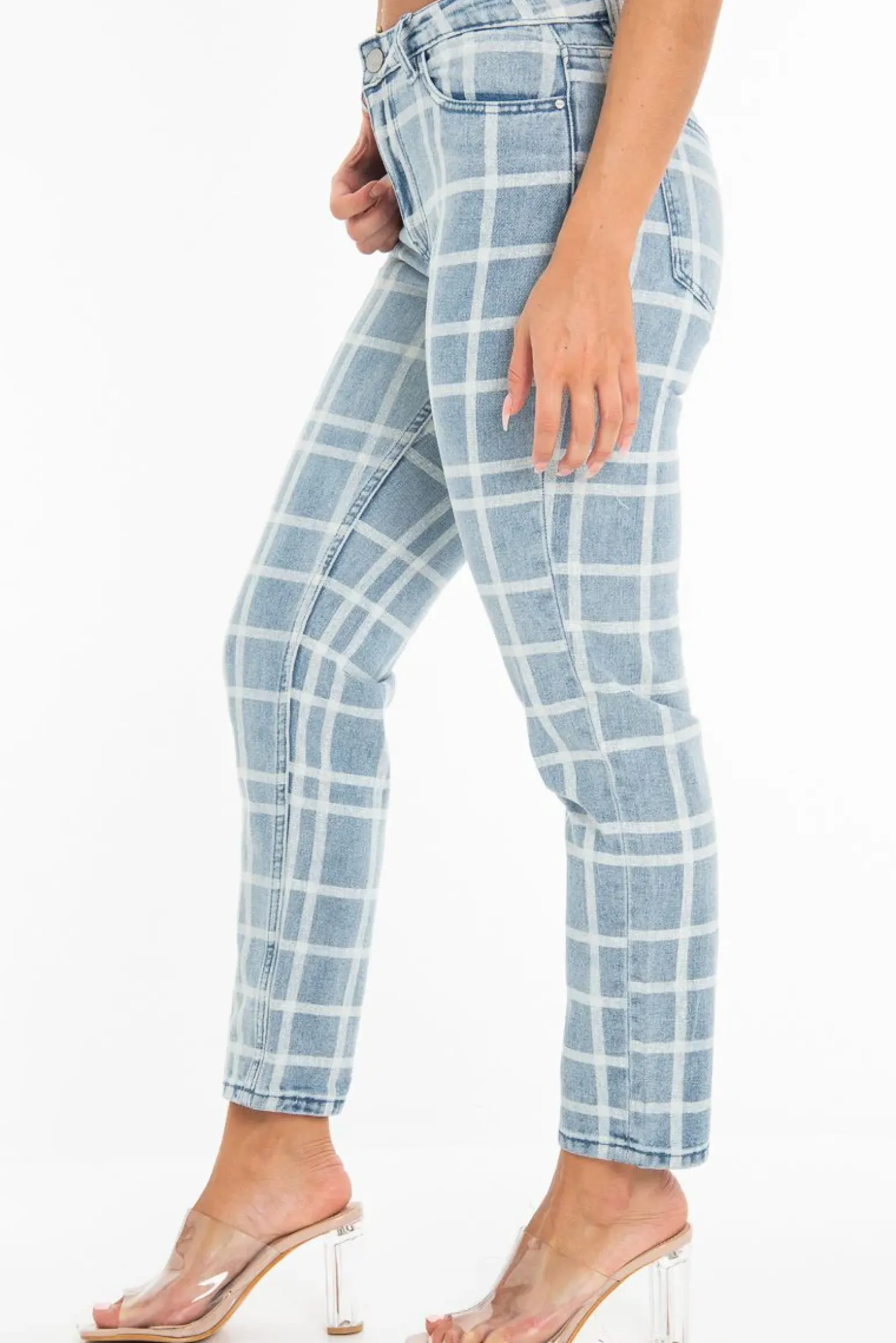 Rebellious Fashion Bleach Wash Denim Check Print Mom Jeans - Jorja