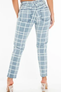 Rebellious Fashion Bleach Wash Denim Check Print Mom Jeans - Jorja