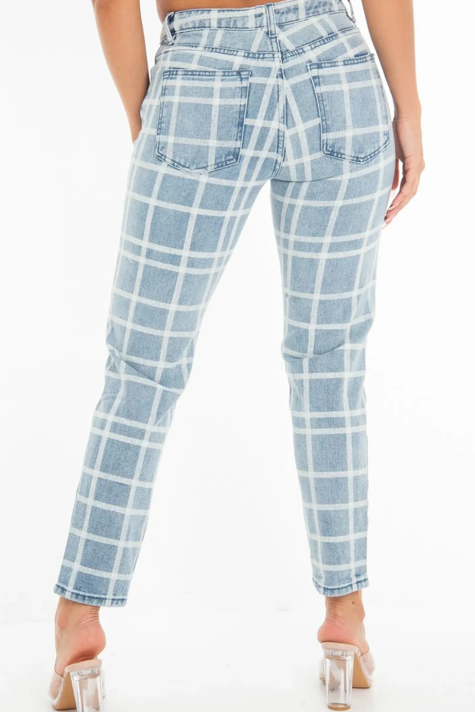Rebellious Fashion Bleach Wash Denim Check Print Mom Jeans - Jorja