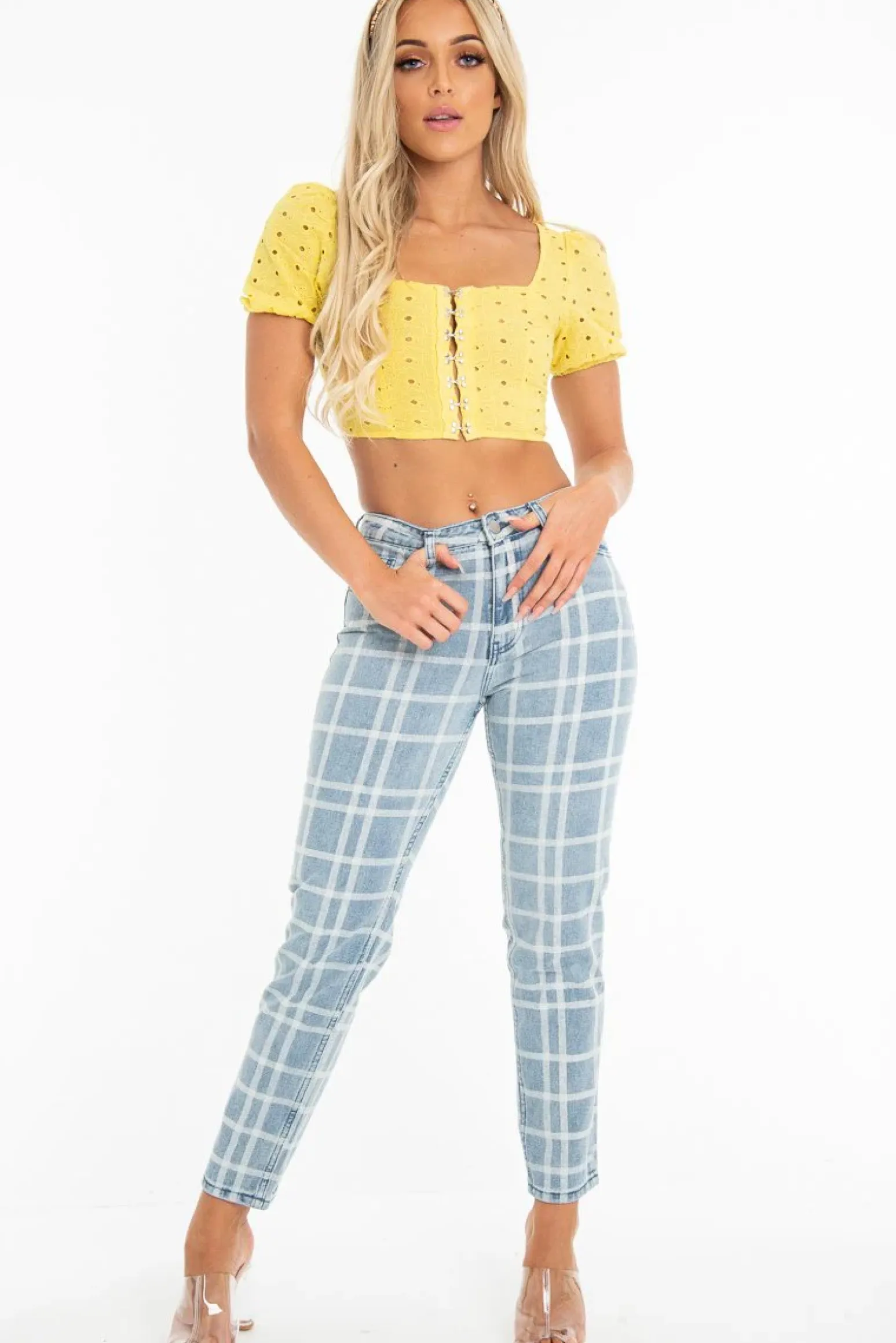 Rebellious Fashion Bleach Wash Denim Check Print Mom Jeans - Jorja