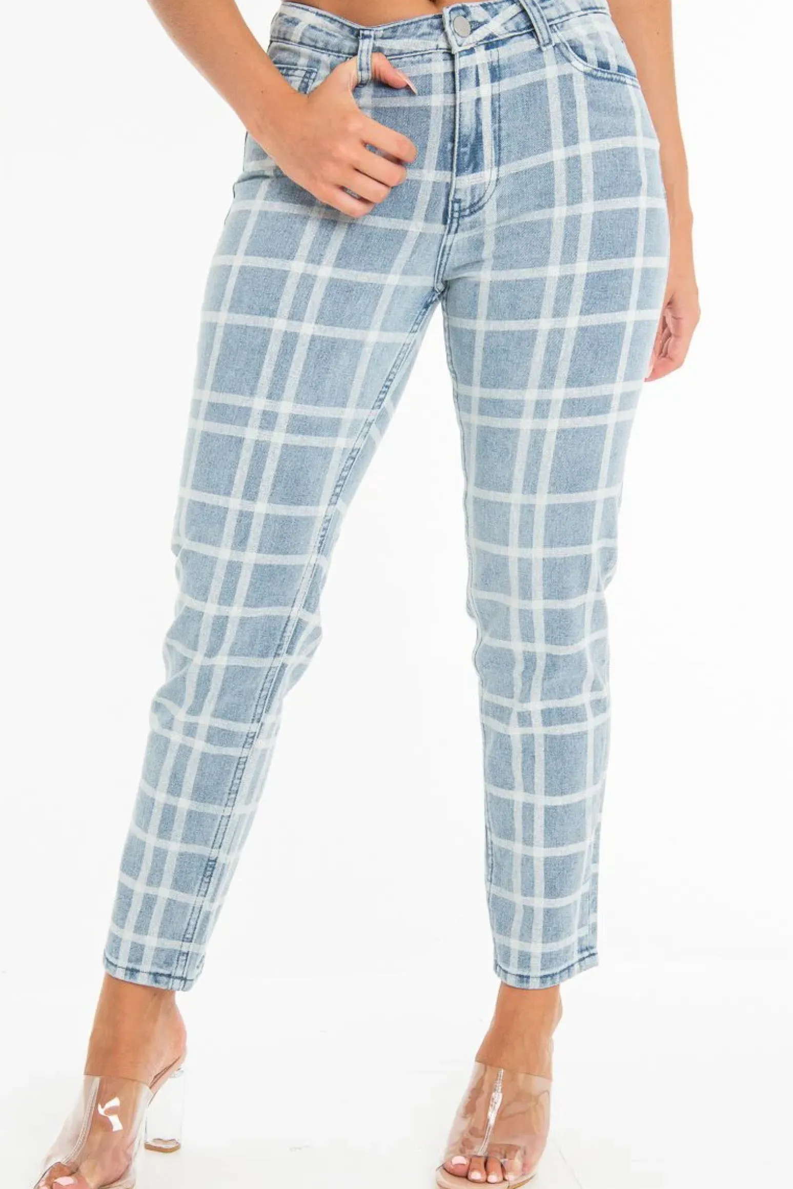 Rebellious Fashion Bleach Wash Denim Check Print Mom Jeans - Jorja
