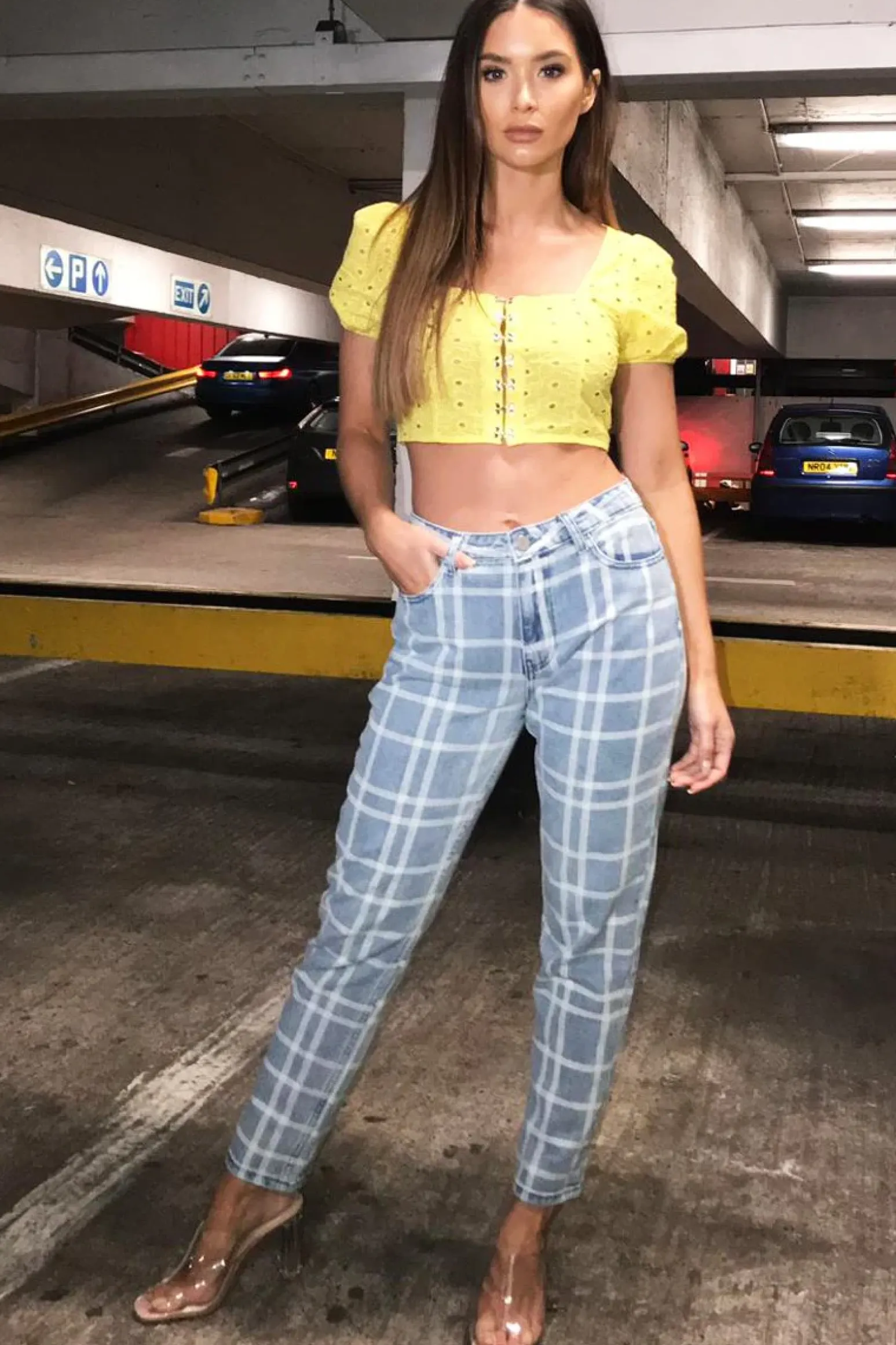 Rebellious Fashion Bleach Wash Denim Check Print Mom Jeans - Jorja