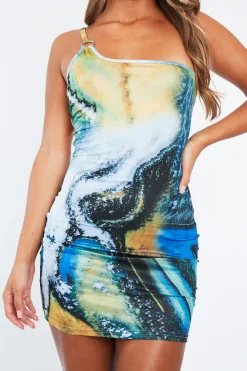 Rebellious Fashion Blue Abstract One Shoulder Ring Detail Slinky Mini Dress - Karee