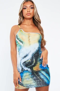 Rebellious Fashion Blue Abstract One Shoulder Ring Detail Slinky Mini Dress - Karee