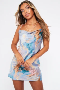Rebellious Fashion Blue Abstract Print Cowl Neck Mini Dress - Ruri