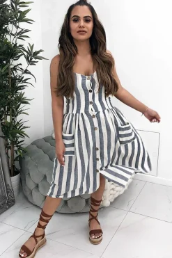 Rebellious Fashion Blue And White Stripe Button Up Dress - Lilyanne