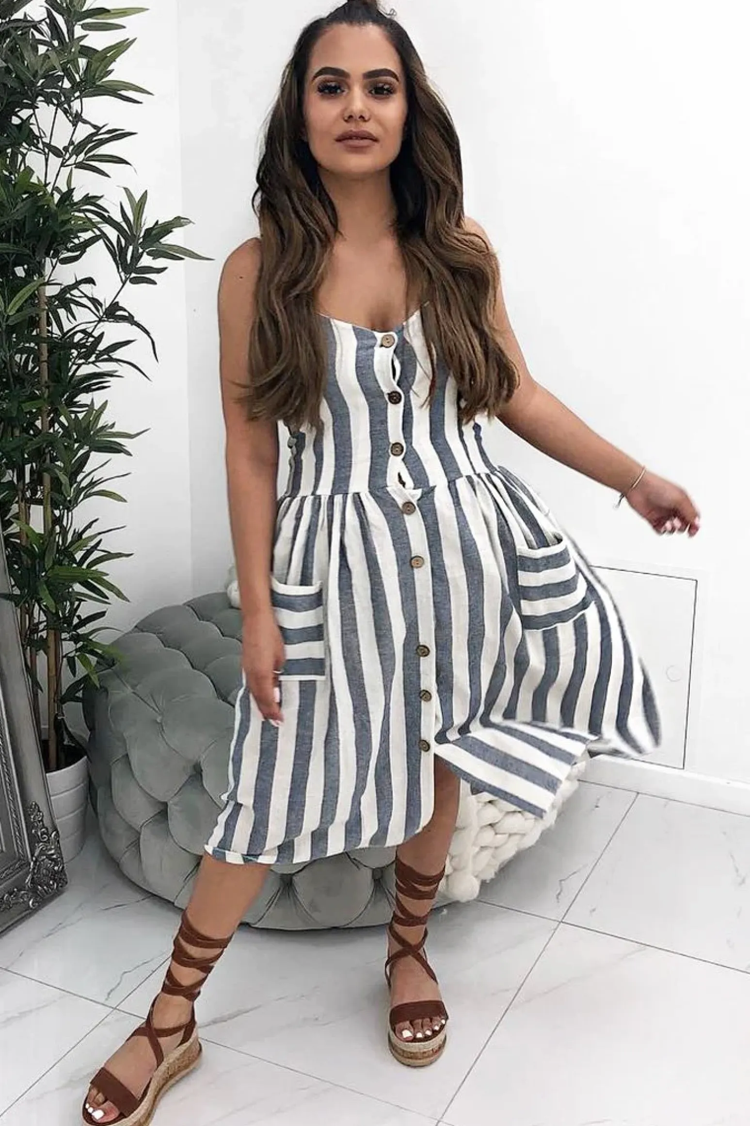 Rebellious Fashion Blue And White Stripe Button Up Dress - Lilyanne