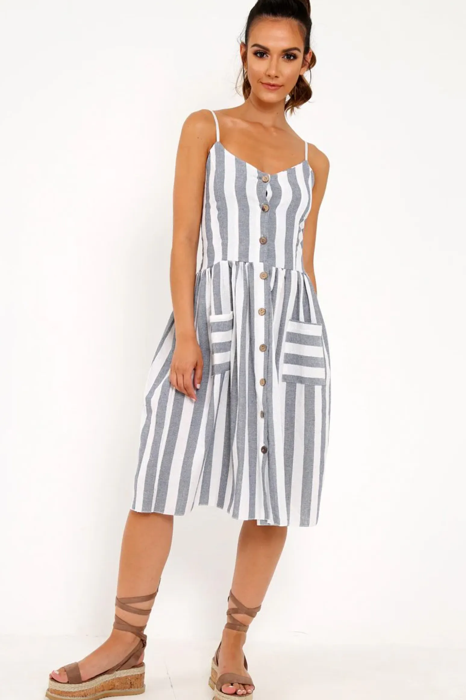 Rebellious Fashion Blue And White Stripe Button Up Dress - Lilyanne