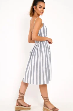 Rebellious Fashion Blue And White Stripe Button Up Dress - Lilyanne