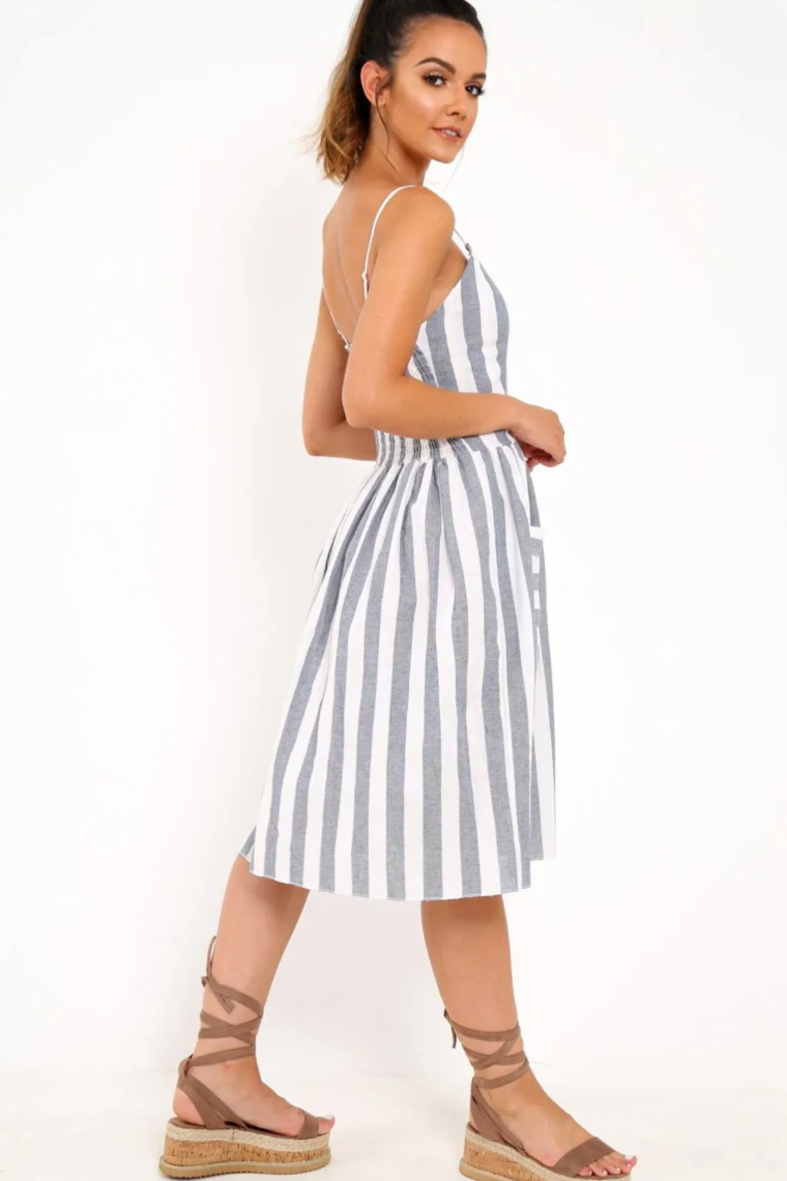 Rebellious Fashion Blue And White Stripe Button Up Dress - Lilyanne