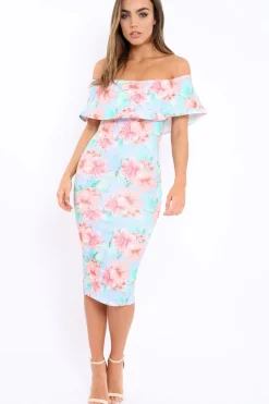 Rebellious Fashion Blue Bardot Tropical Floral Midi Dress - Anaise