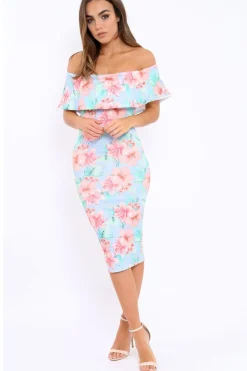 Rebellious Fashion Blue Bardot Tropical Floral Midi Dress - Anaise