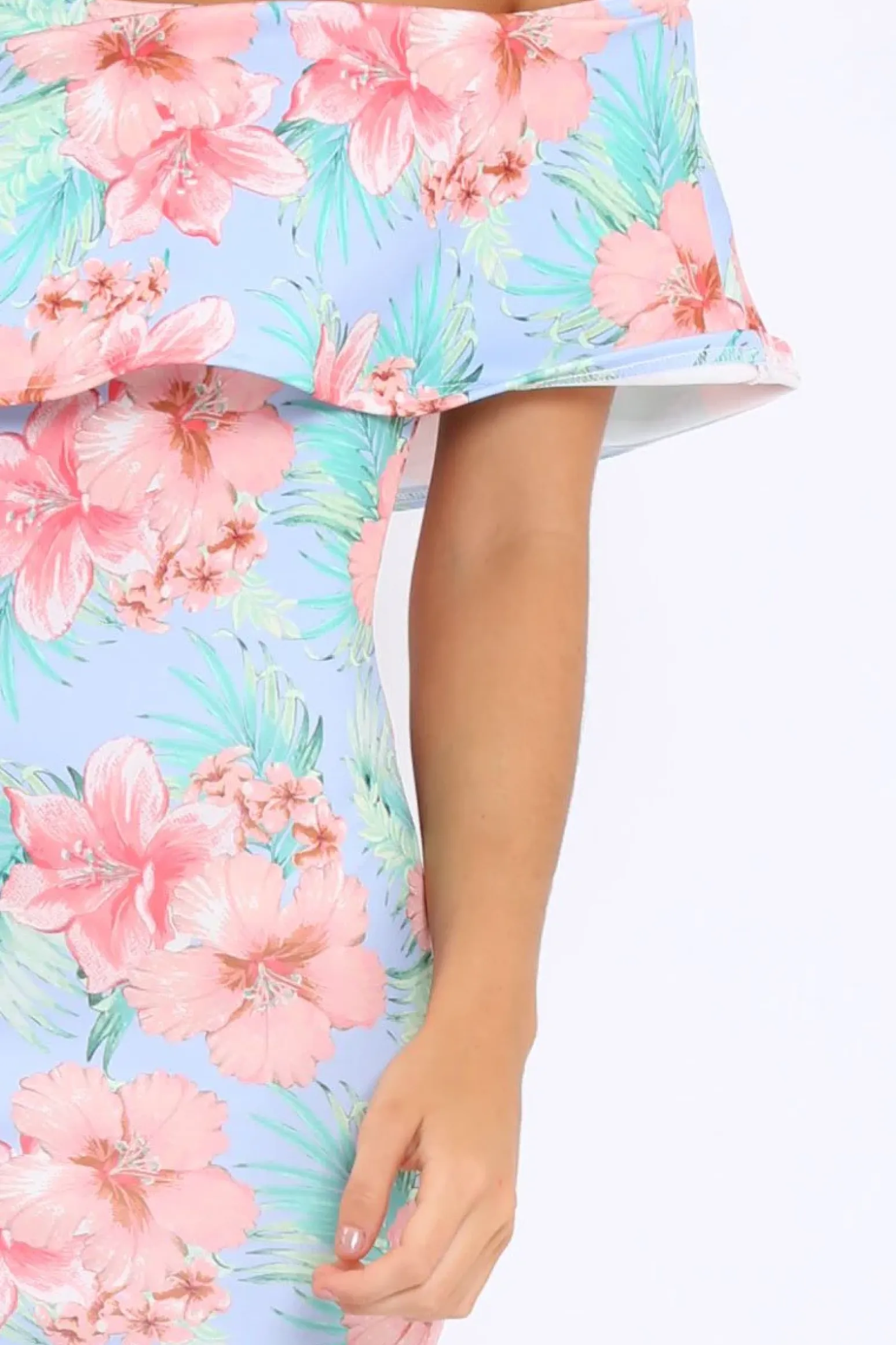 Rebellious Fashion Blue Bardot Tropical Floral Midi Dress - Anaise