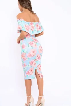 Rebellious Fashion Blue Bardot Tropical Floral Midi Dress - Anaise