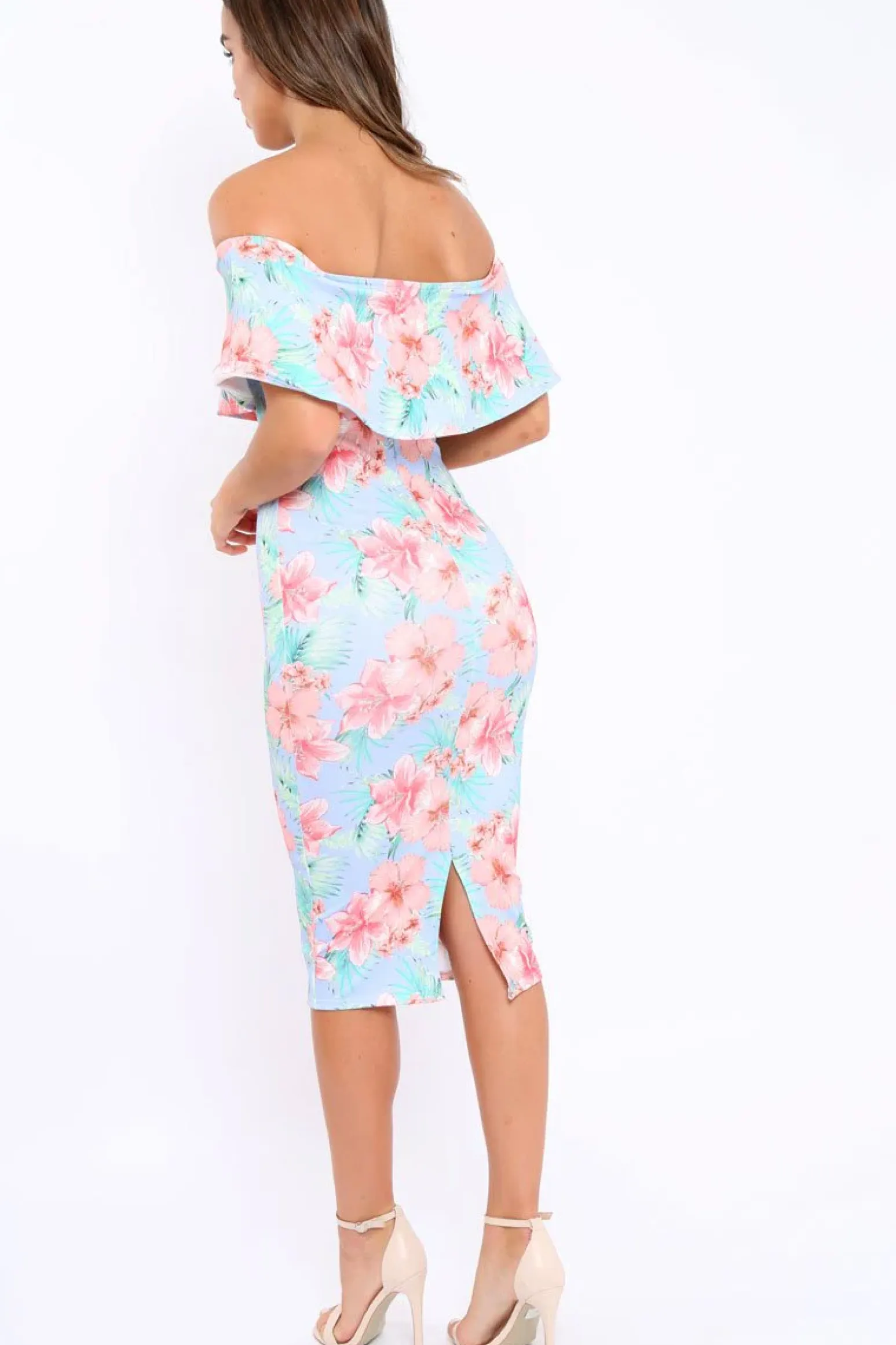 Rebellious Fashion Blue Bardot Tropical Floral Midi Dress - Anaise