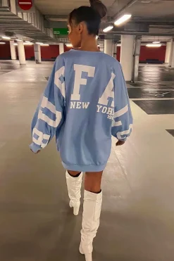 Rebellious Fashion Blue Buffalo New York Slogan Sweater Dress - Nazaria