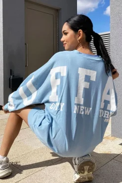 Rebellious Fashion Blue Buffalo New York Slogan Sweater Dress - Nazaria