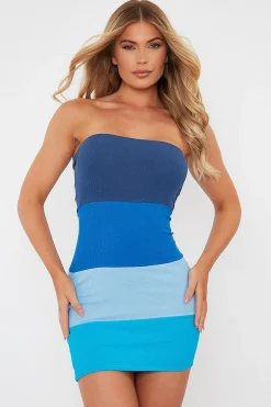 Rebellious Fashion Blue Colour Block Bandeau Ribbed Mini Dress - Saddie