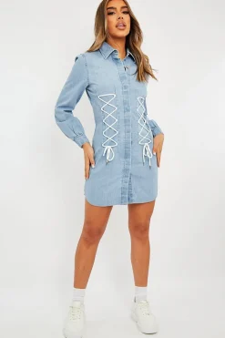 Rebellious Fashion Blue Corset Lace Front Denim Mini Dress - Galya