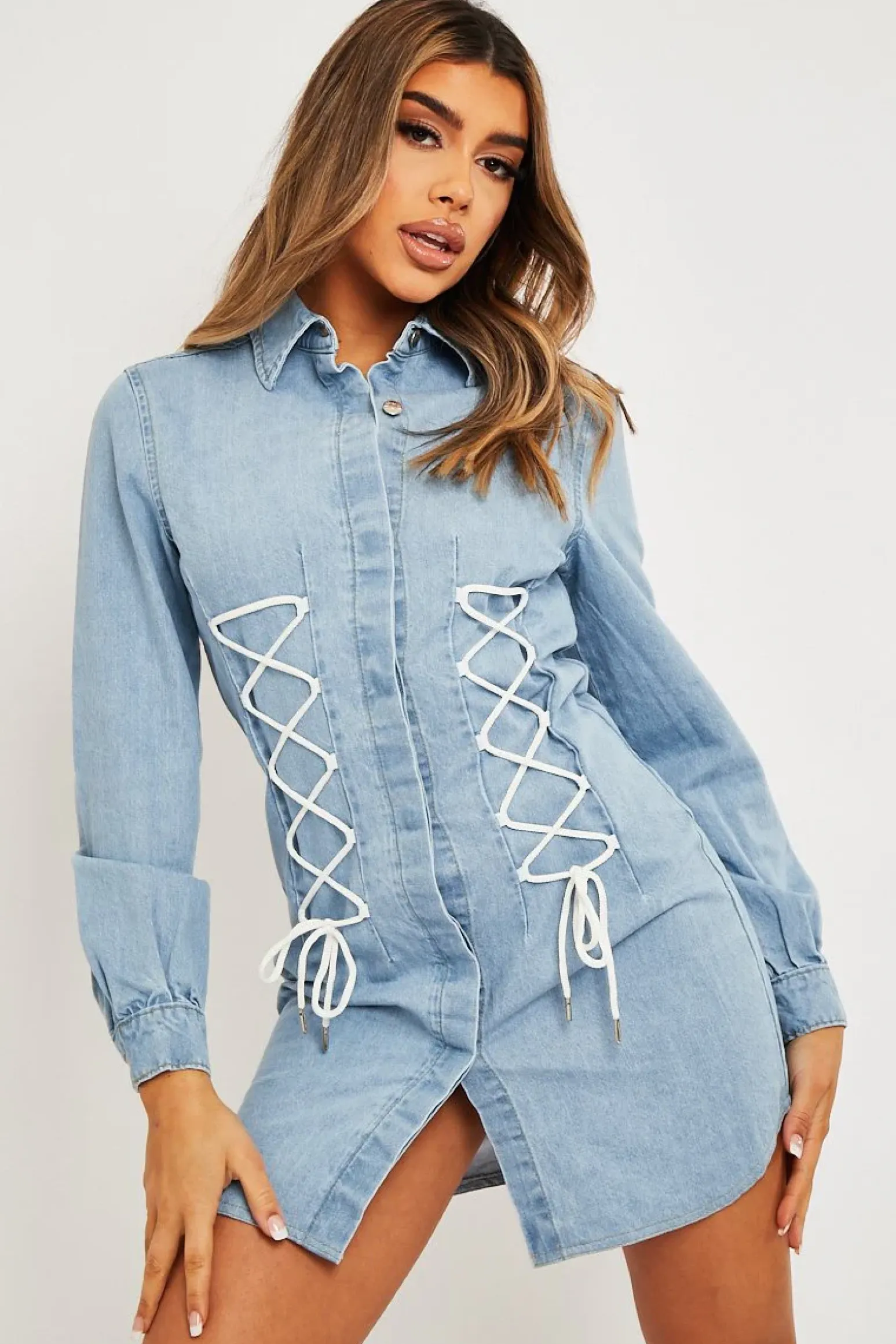 Rebellious Fashion Blue Corset Lace Front Denim Mini Dress - Galya
