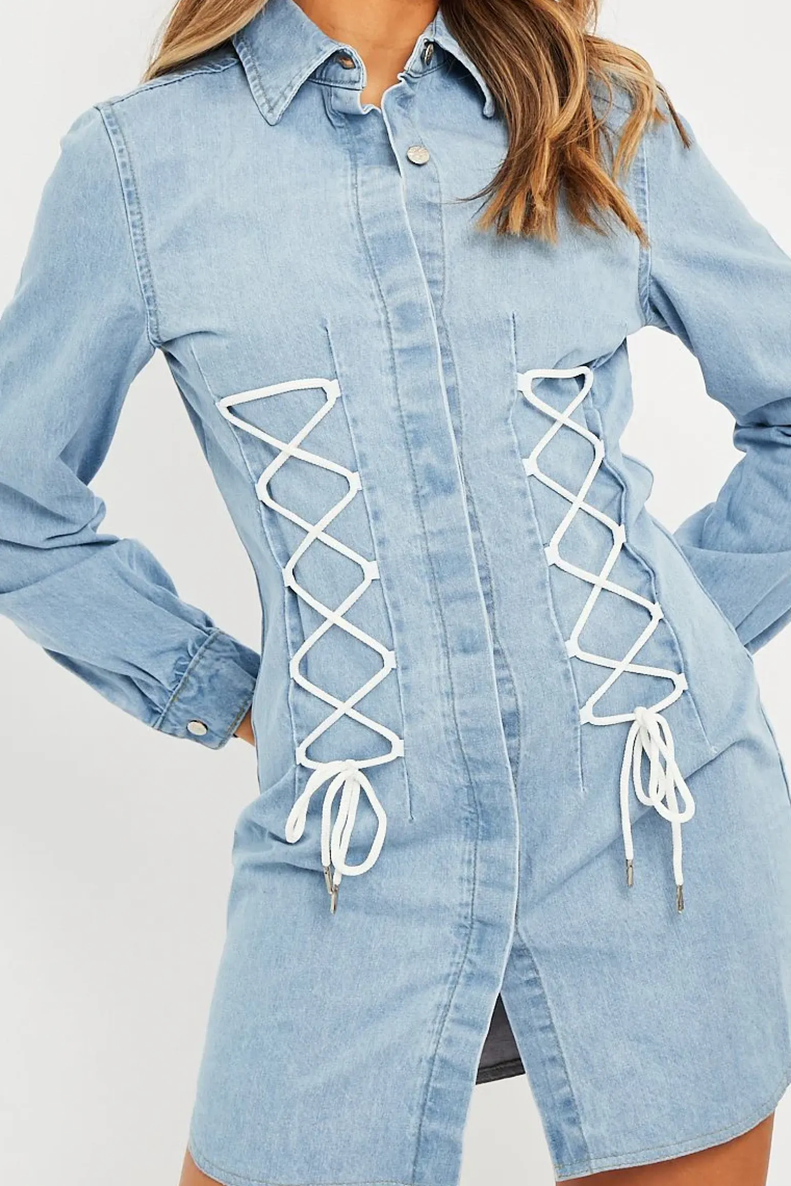 Rebellious Fashion Blue Corset Lace Front Denim Mini Dress - Galya