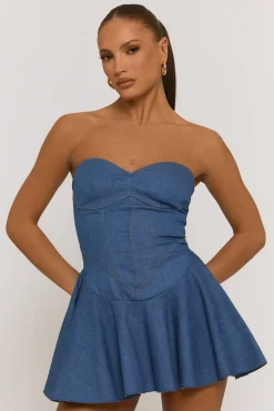 Rebellious Fashion Blue Denim Corset Seam Detail Mini Dress - Sapphire