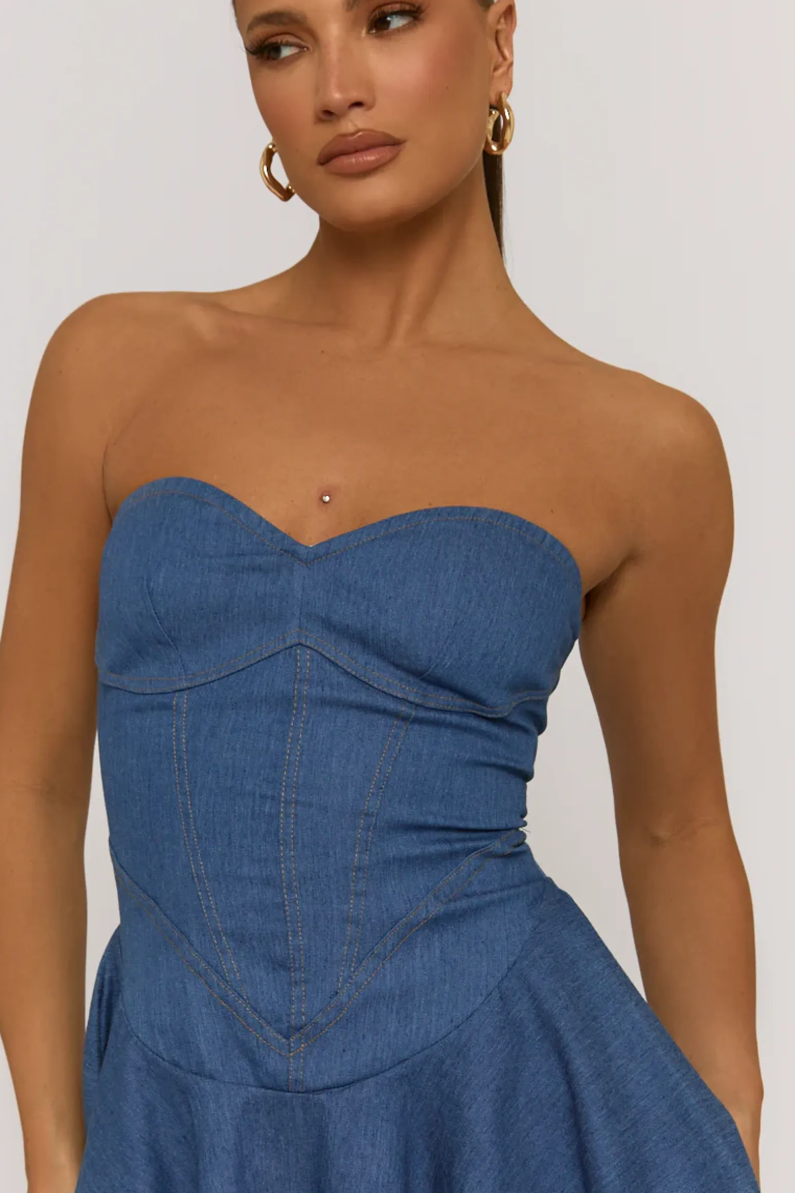 Rebellious Fashion Blue Denim Corset Seam Detail Mini Dress - Sapphire