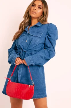 Rebellious Fashion Blue Denim Puff Sleeve Belted Shirt Dress - Feyza