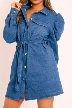 Rebellious Fashion Blue Denim Puff Sleeve Belted Shirt Dress - Feyza