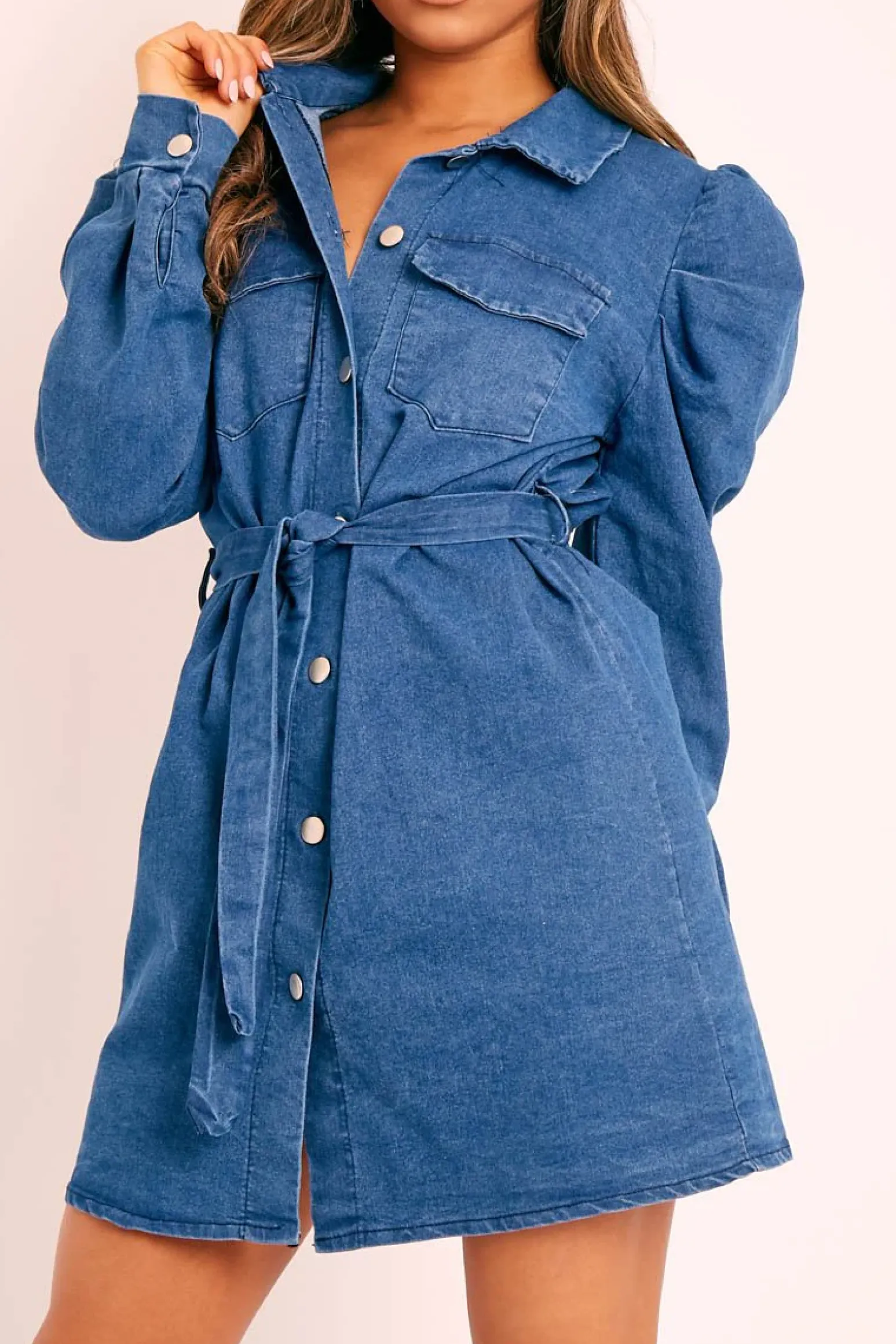 Rebellious Fashion Blue Denim Puff Sleeve Belted Shirt Dress - Feyza
