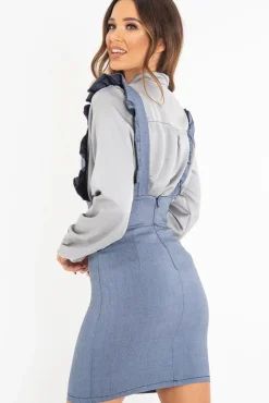 Rebellious Fashion Blue Denim Ruffle Front Pinafore Dress - Elya