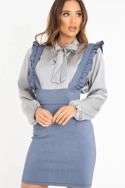 Rebellious Fashion Blue Denim Ruffle Front Pinafore Dress - Elya
