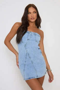 Rebellious Fashion Blue Denim Seam Detail Mini Dress - Shelley