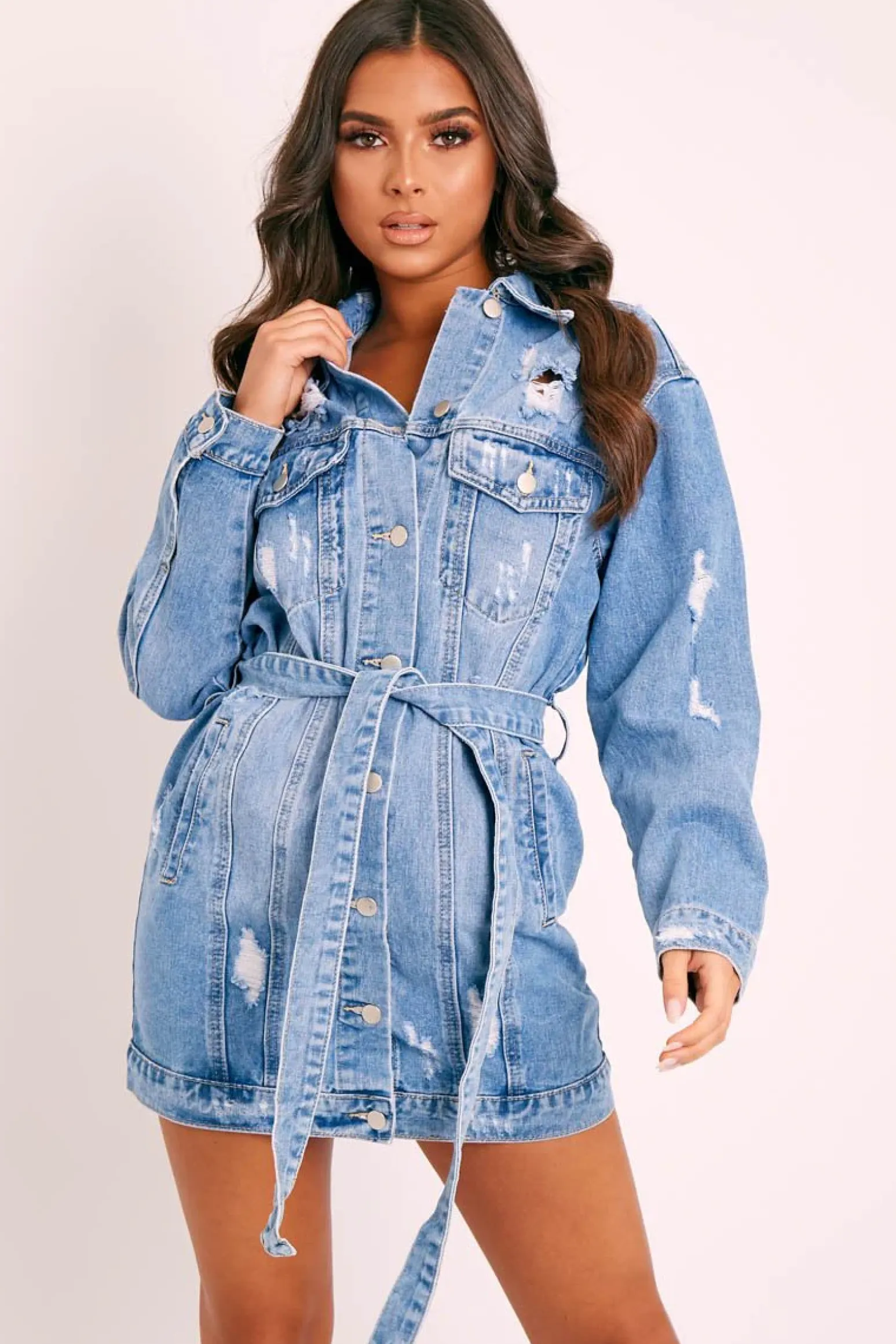 Rebellious Fashion Blue Distressed Belted Denim Shirt Dress - Whitney