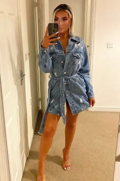 Rebellious Fashion Blue Distressed Belted Denim Shirt Dress - Whitney