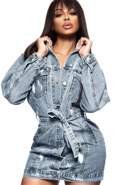 Rebellious Fashion Blue Distressed Belted Denim Shirt Dress - Whitney