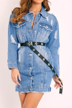 Rebellious Fashion Blue Fitted Mini Denim Shirt Dress - Emiah