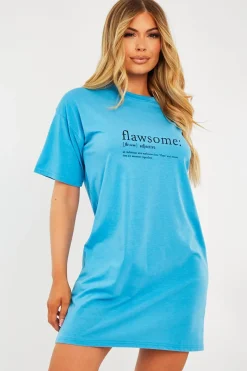Rebellious Fashion Blue Flawsome Slogan Printed T-shirt Dress - Neita