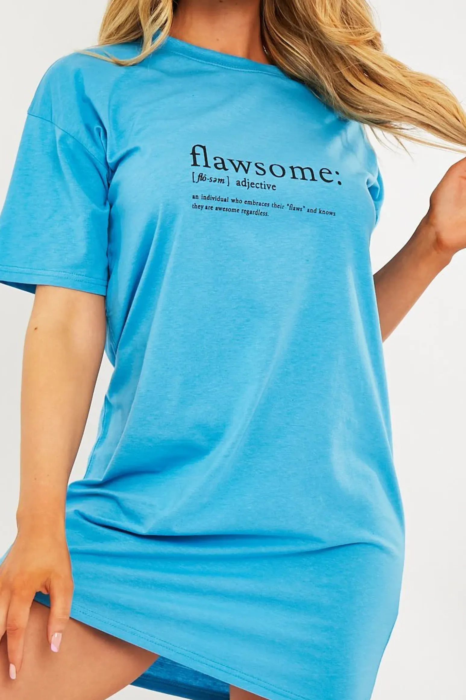 Rebellious Fashion Blue Flawsome Slogan Printed T-shirt Dress - Neita