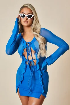 Rebellious Fashion Blue Frill Detail Tie Front Mini Dress - Itzel