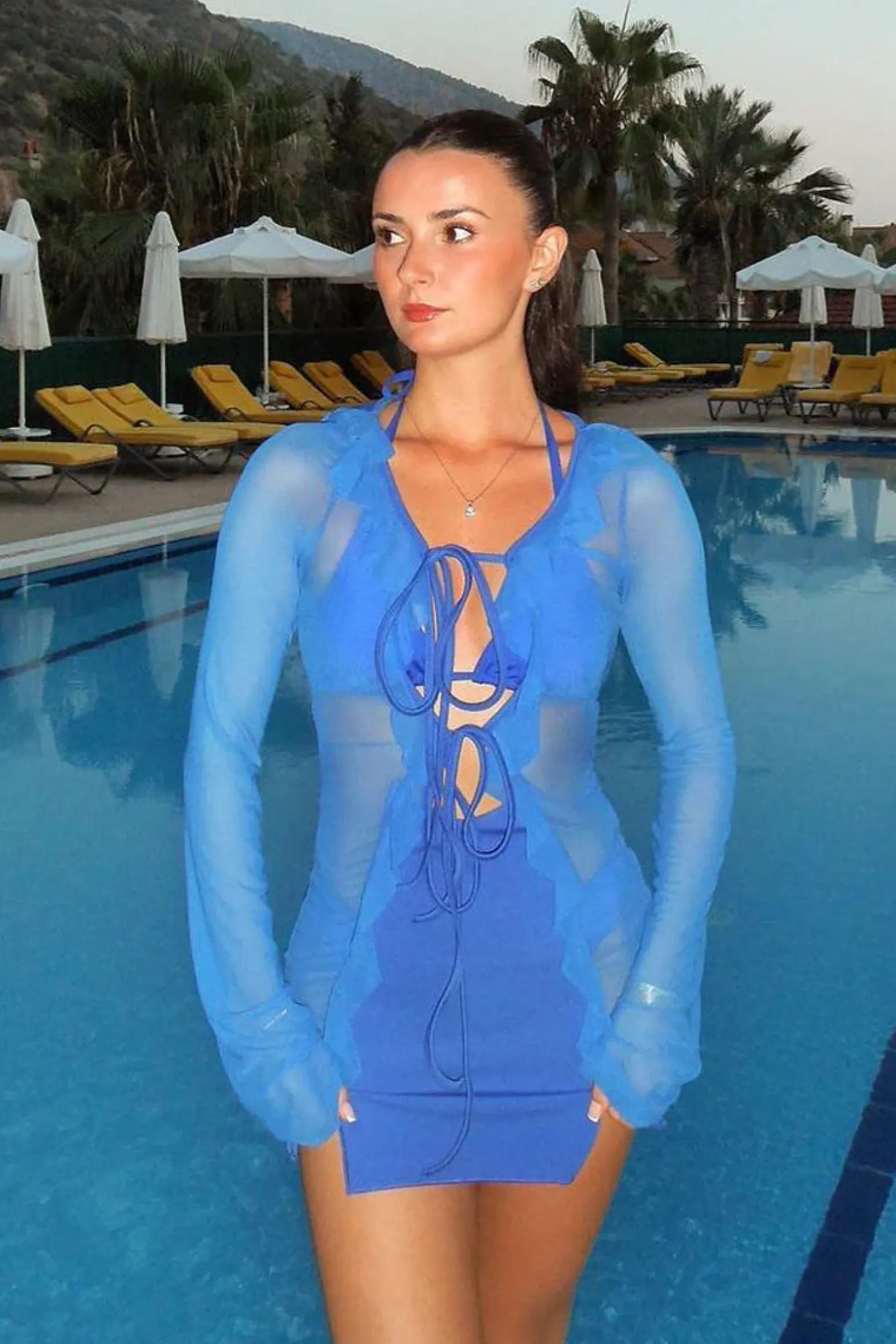 Rebellious Fashion Blue Frill Detail Tie Front Mini Dress - Itzel